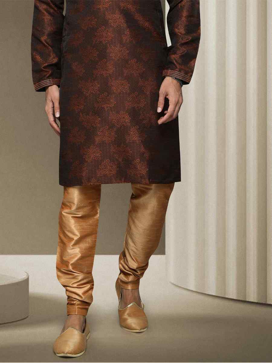 Brown Jacquard Silk Brocade Woven Party Kurta