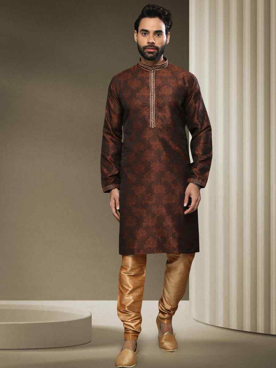 Brown Jacquard Silk Brocade Woven Party Kurta