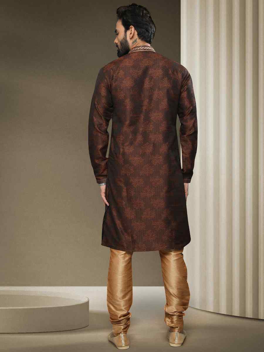 Brown Jacquard Silk Brocade Woven Party Kurta