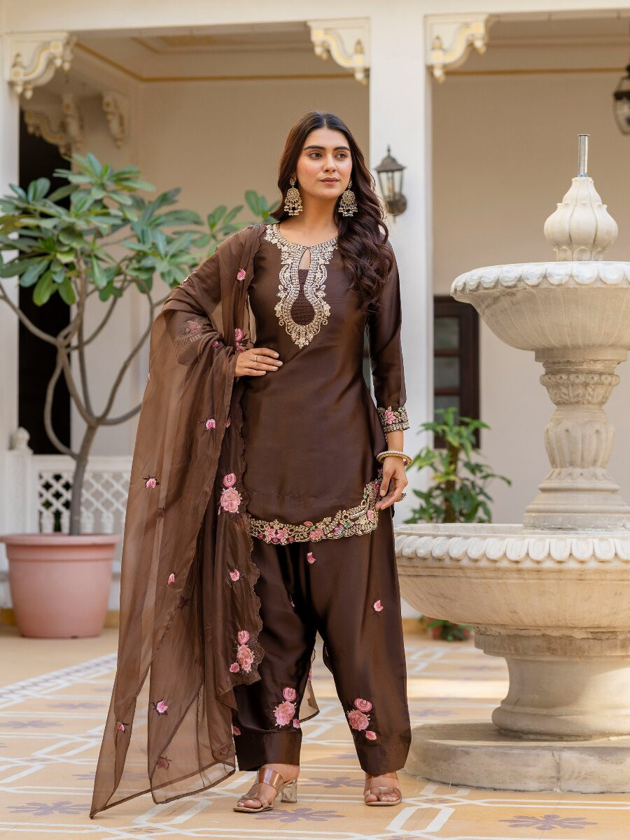 Brown Japan Satin Embroidery Wedding Party Festival Casual Ready Palazzo Pant Salwar Kameez