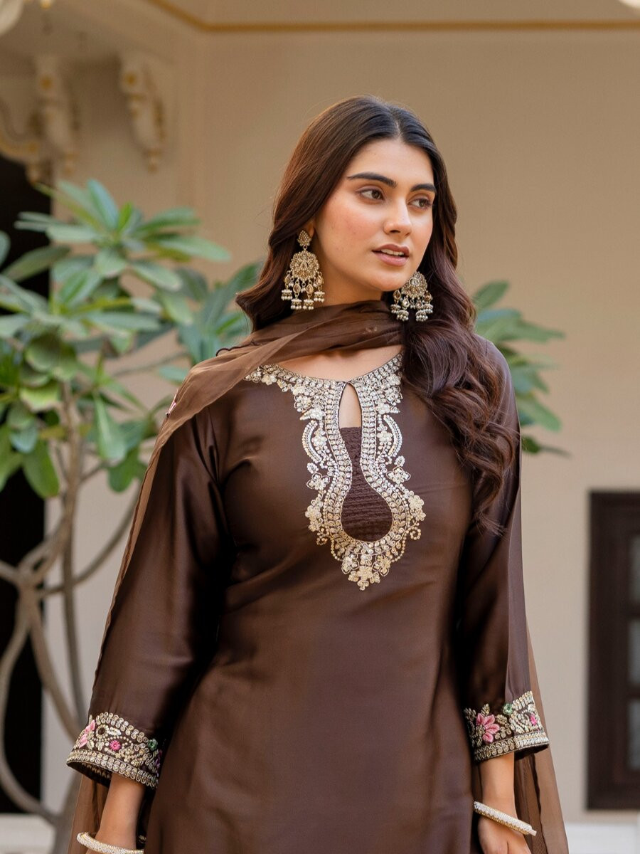 Brown Japan Satin Embroidery Wedding Party Festival Casual Ready Palazzo Pant Salwar Kameez