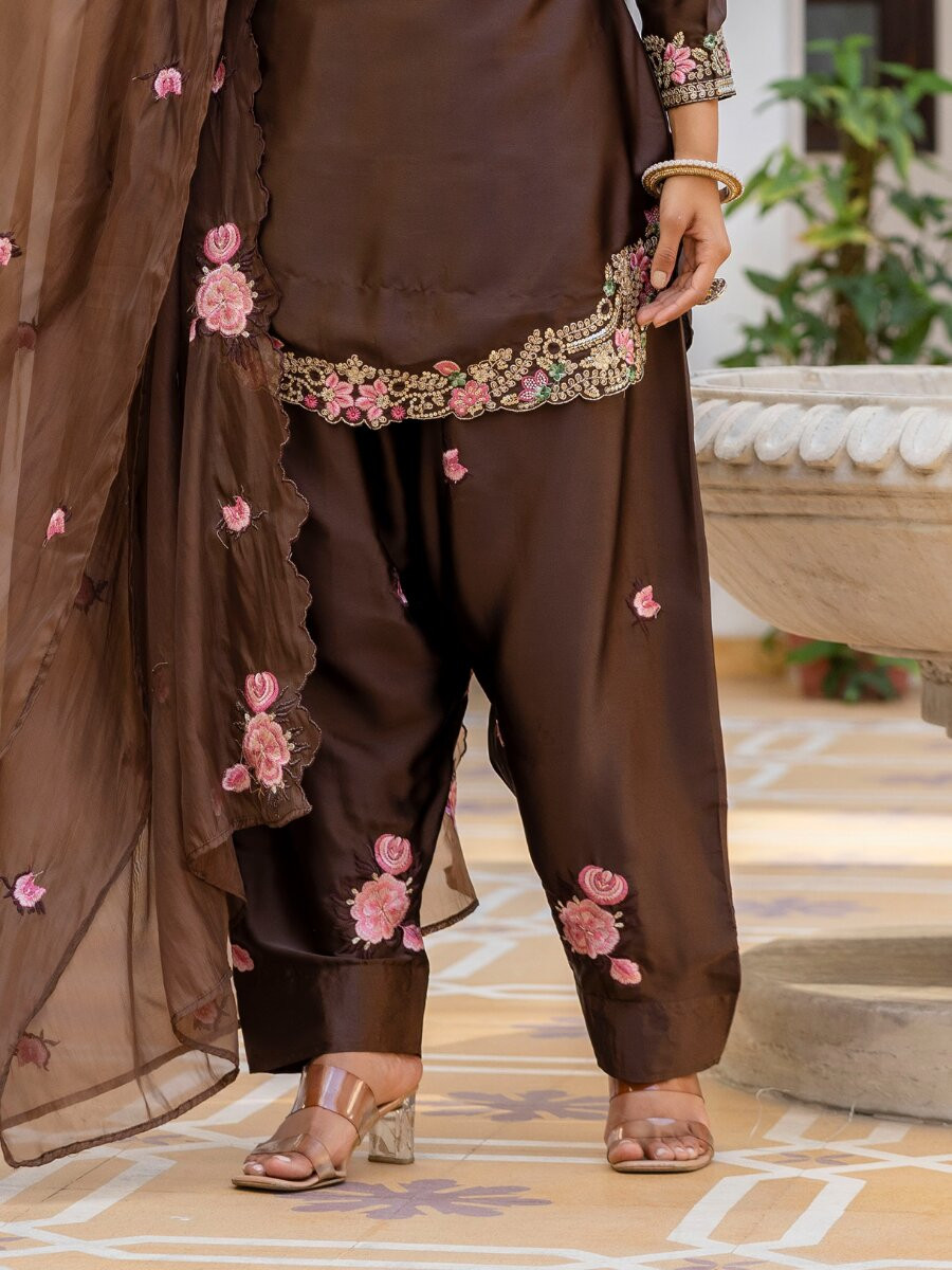Brown Japan Satin Embroidery Wedding Party Festival Casual Ready Palazzo Pant Salwar Kameez