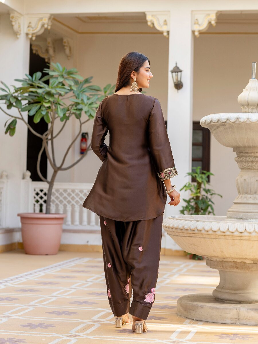 Brown Japan Satin Embroidery Wedding Party Festival Casual Ready Palazzo Pant Salwar Kameez