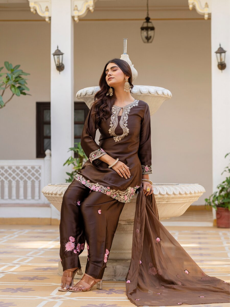 Brown Japan Satin Embroidery Wedding Party Festival Casual Ready Palazzo Pant Salwar Kameez