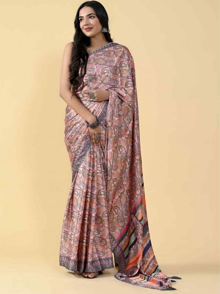 Brown Japan Satin Silk Printed Casual Party Contemporary Saree