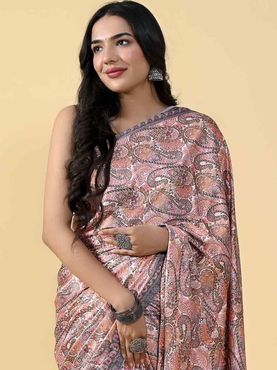 Brown Japan Satin Silk Printed Casual Party Contemporary Saree