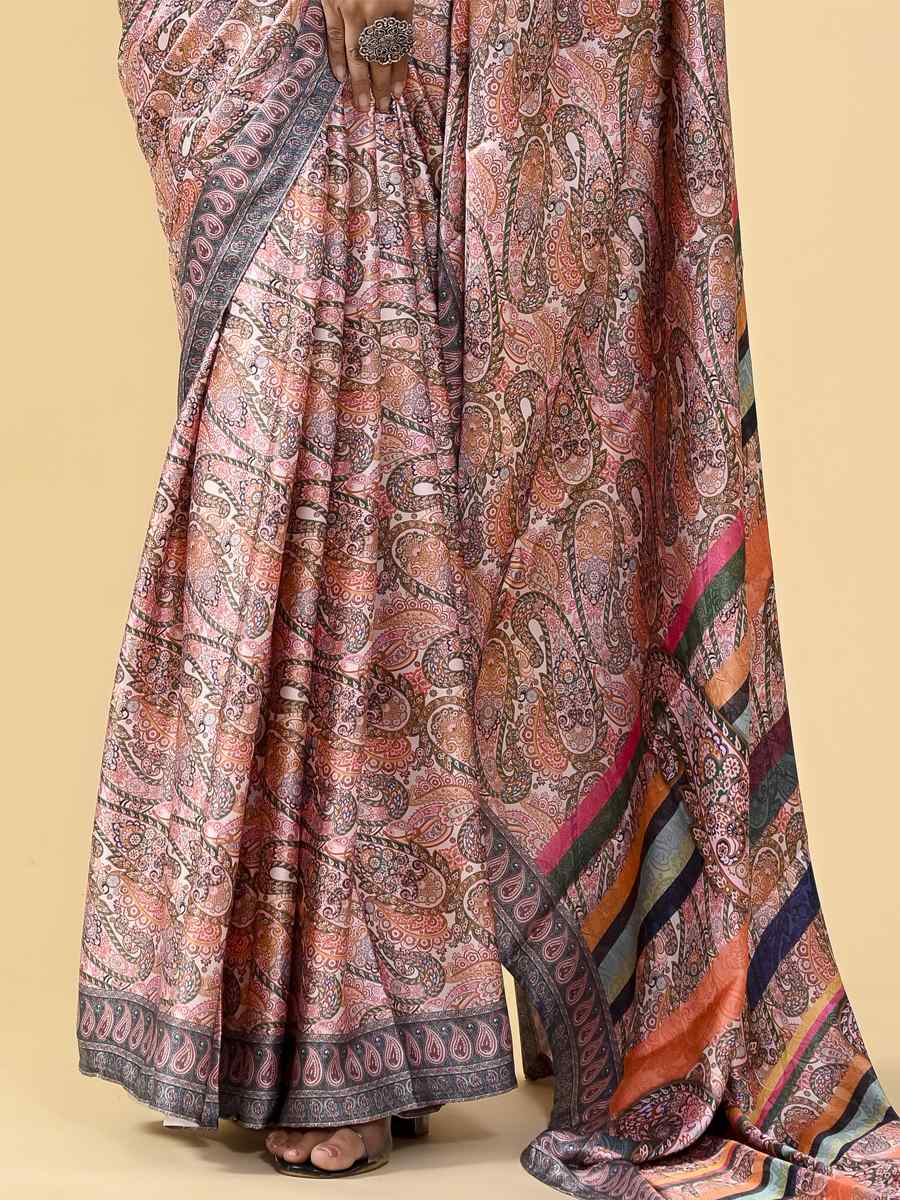 Brown Japan Satin Silk Printed Casual Party Contemporary Saree