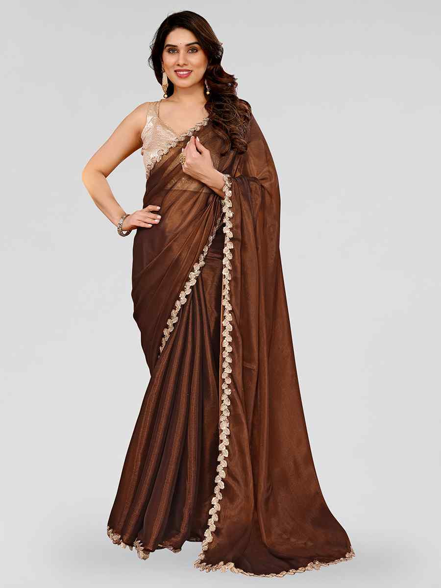 Brown Jimmy Choo Solid Festival Wedding Fancy Heavy Border Saree