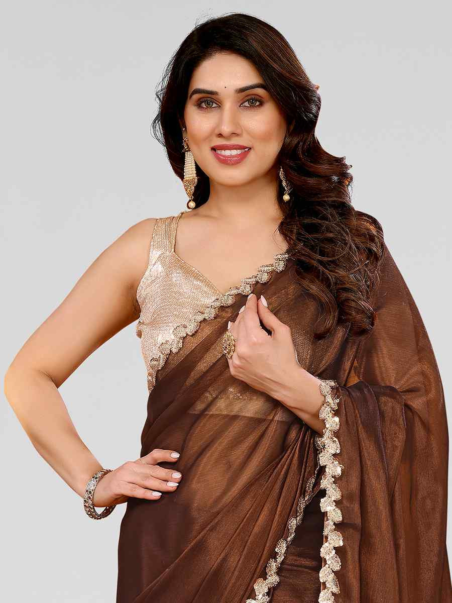 Brown Jimmy Choo Solid Festival Wedding Fancy Heavy Border Saree