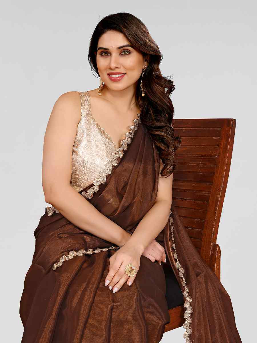 Brown Jimmy Choo Solid Festival Wedding Fancy Heavy Border Saree