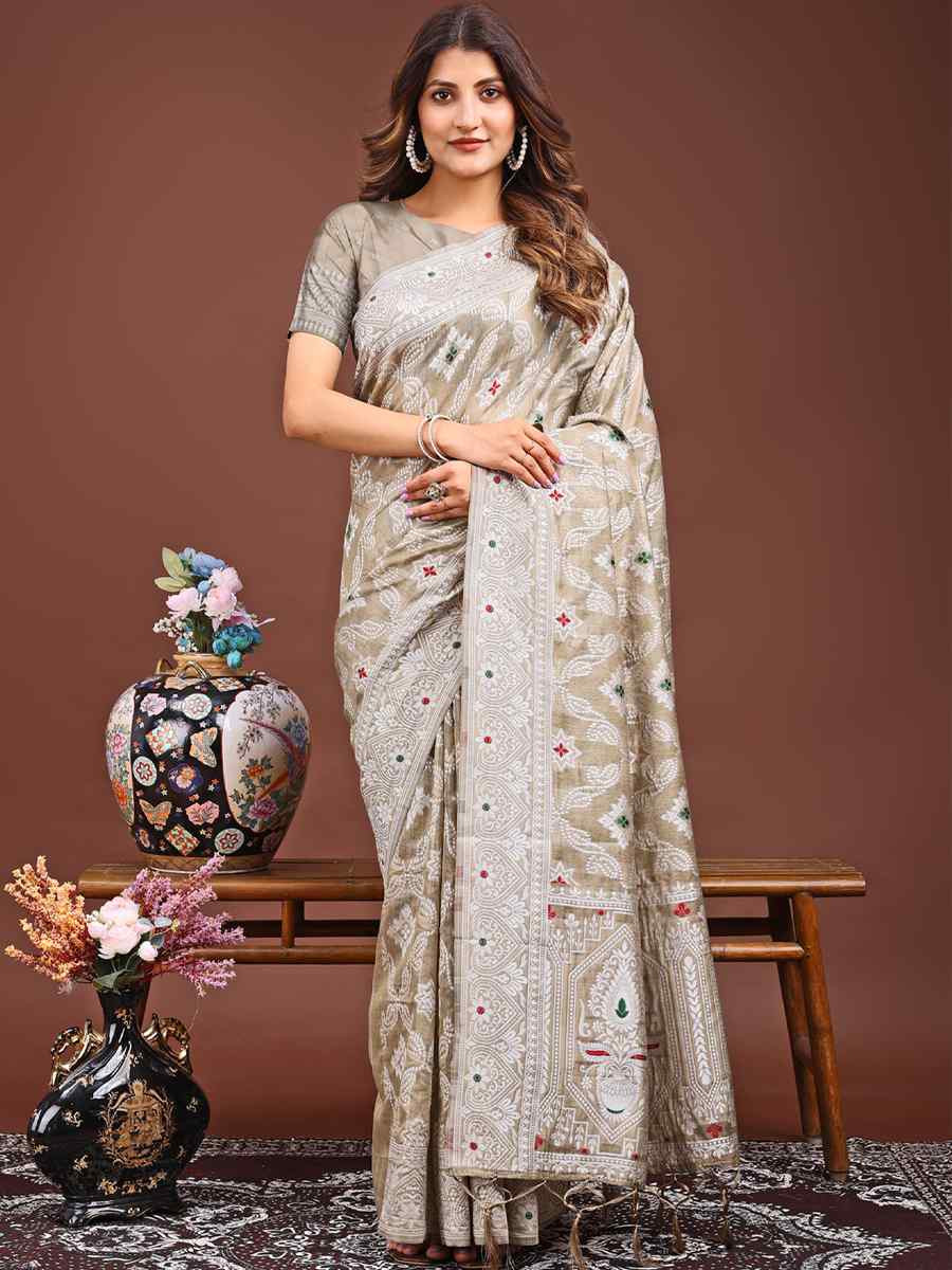 Brown Linen Cotton Handwoven Festival Wedding Fancy Heavy Border Saree