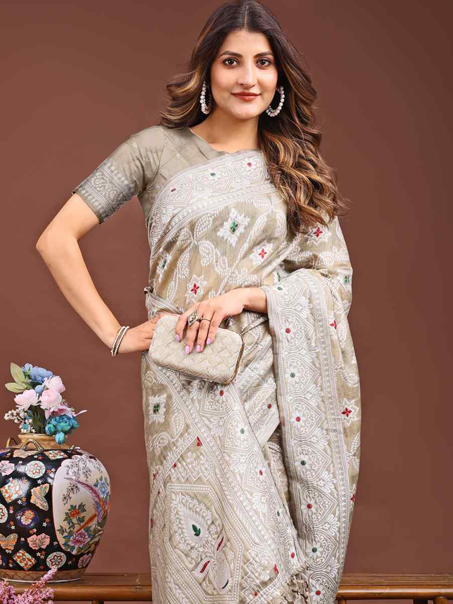 Brown Linen Cotton Handwoven Festival Wedding Fancy Heavy Border Saree