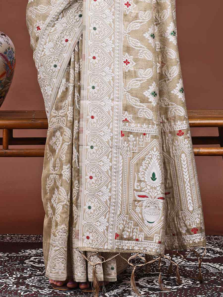 Brown Linen Cotton Handwoven Festival Wedding Fancy Heavy Border Saree