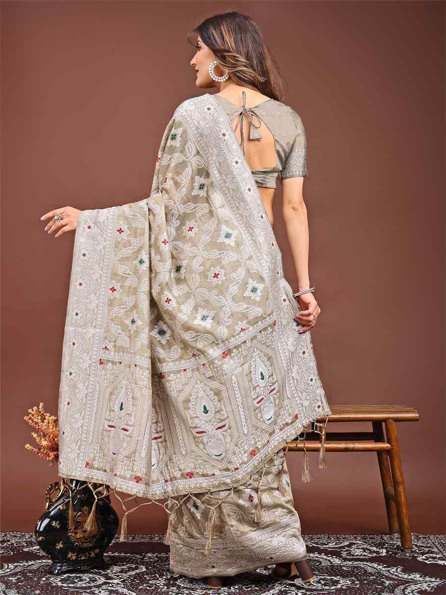 Brown Linen Cotton Handwoven Festival Wedding Fancy Heavy Border Saree