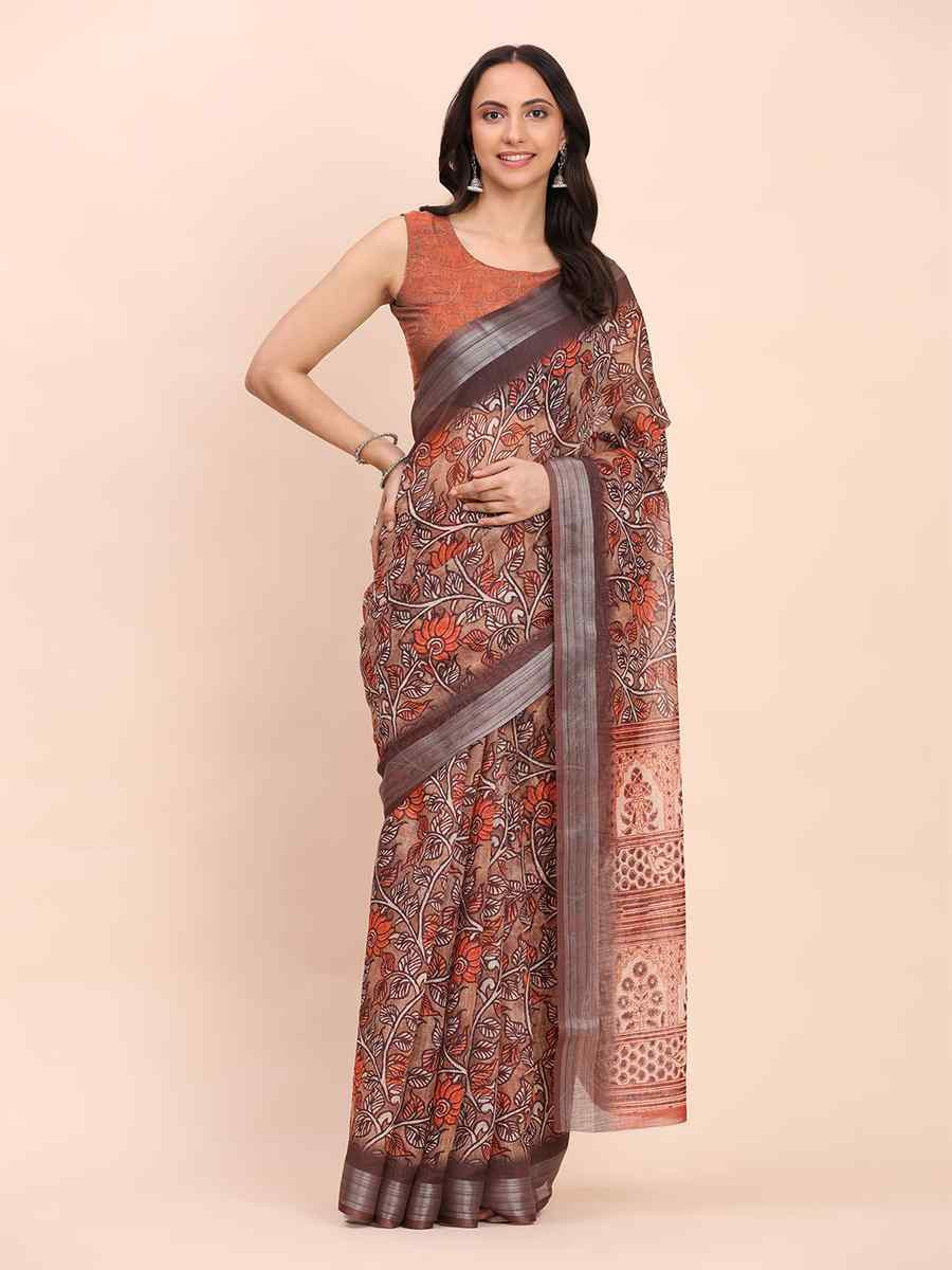 Brown Linen Cotton Printed Festival Wedding Fancy Heavy Border Saree