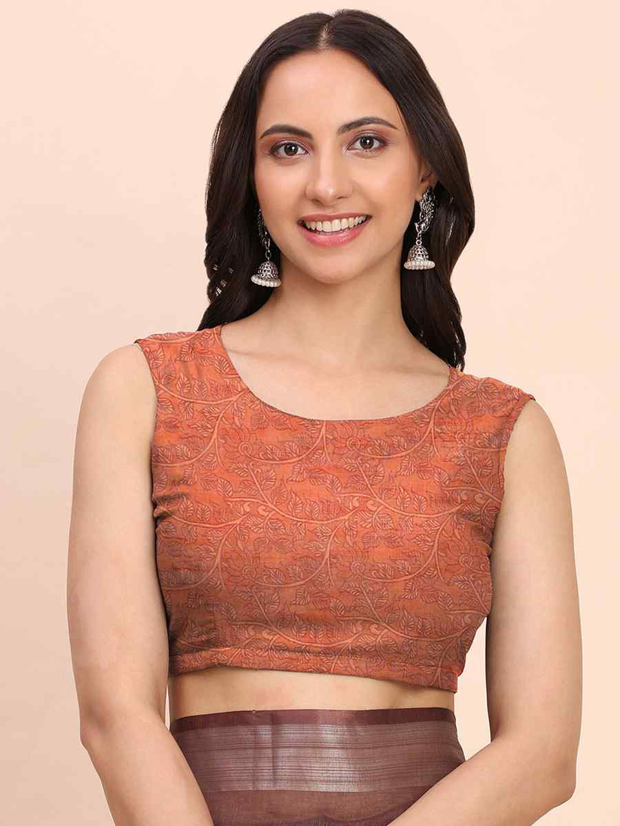 Brown Linen Cotton Printed Festival Wedding Fancy Heavy Border Saree