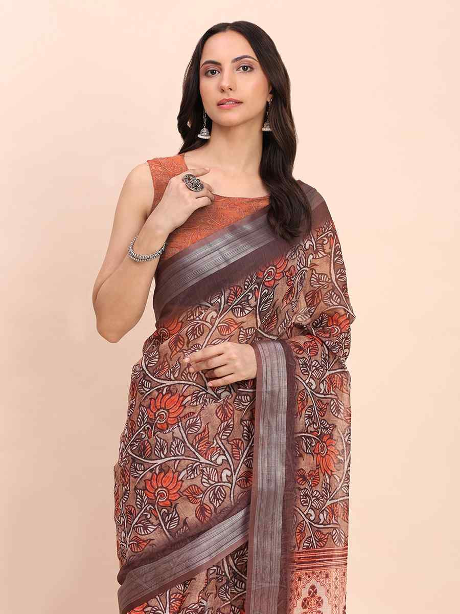 Brown Linen Cotton Printed Festival Wedding Fancy Heavy Border Saree