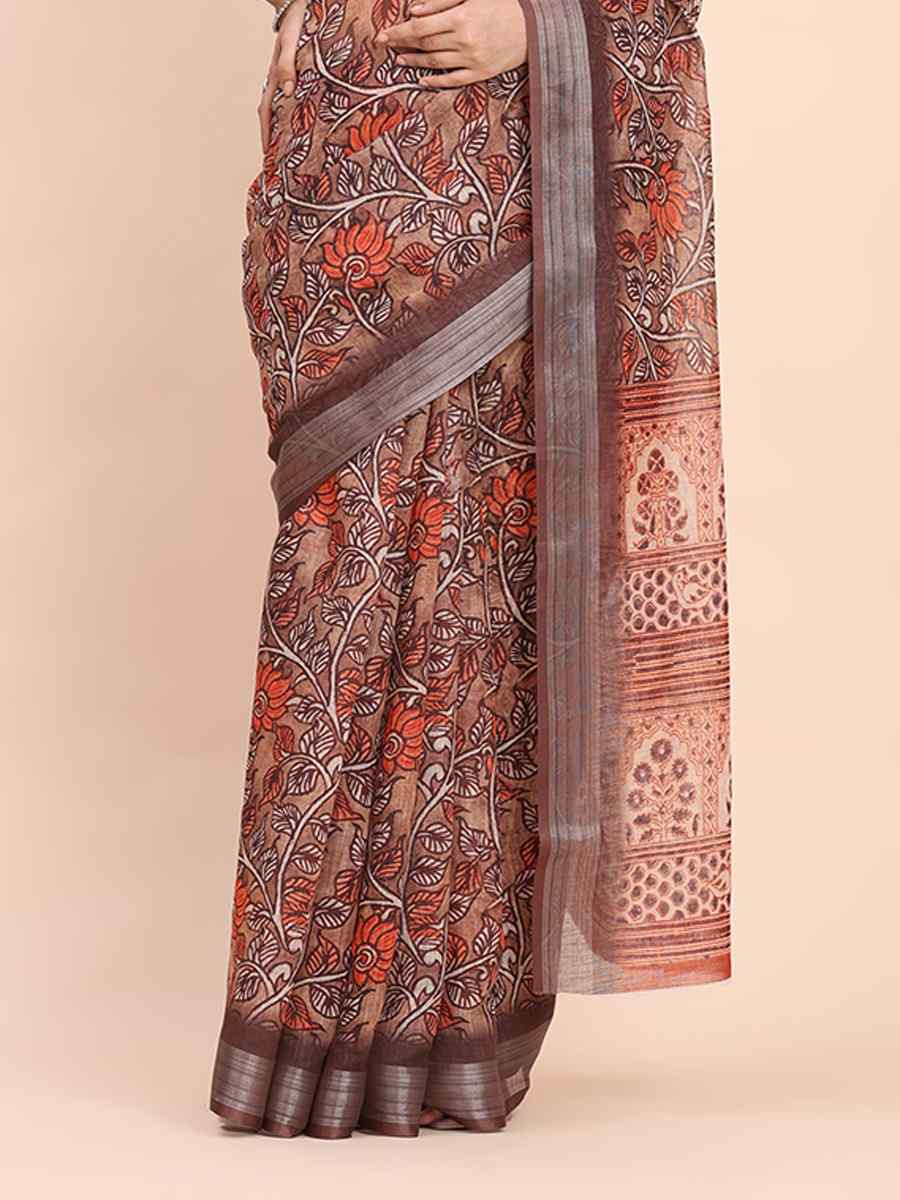 Brown Linen Cotton Printed Festival Wedding Fancy Heavy Border Saree
