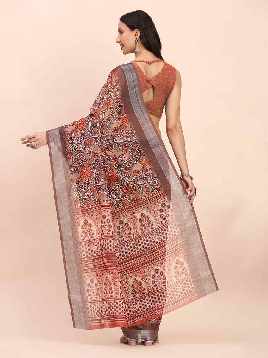 Brown Linen Cotton Printed Festival Wedding Fancy Heavy Border Saree