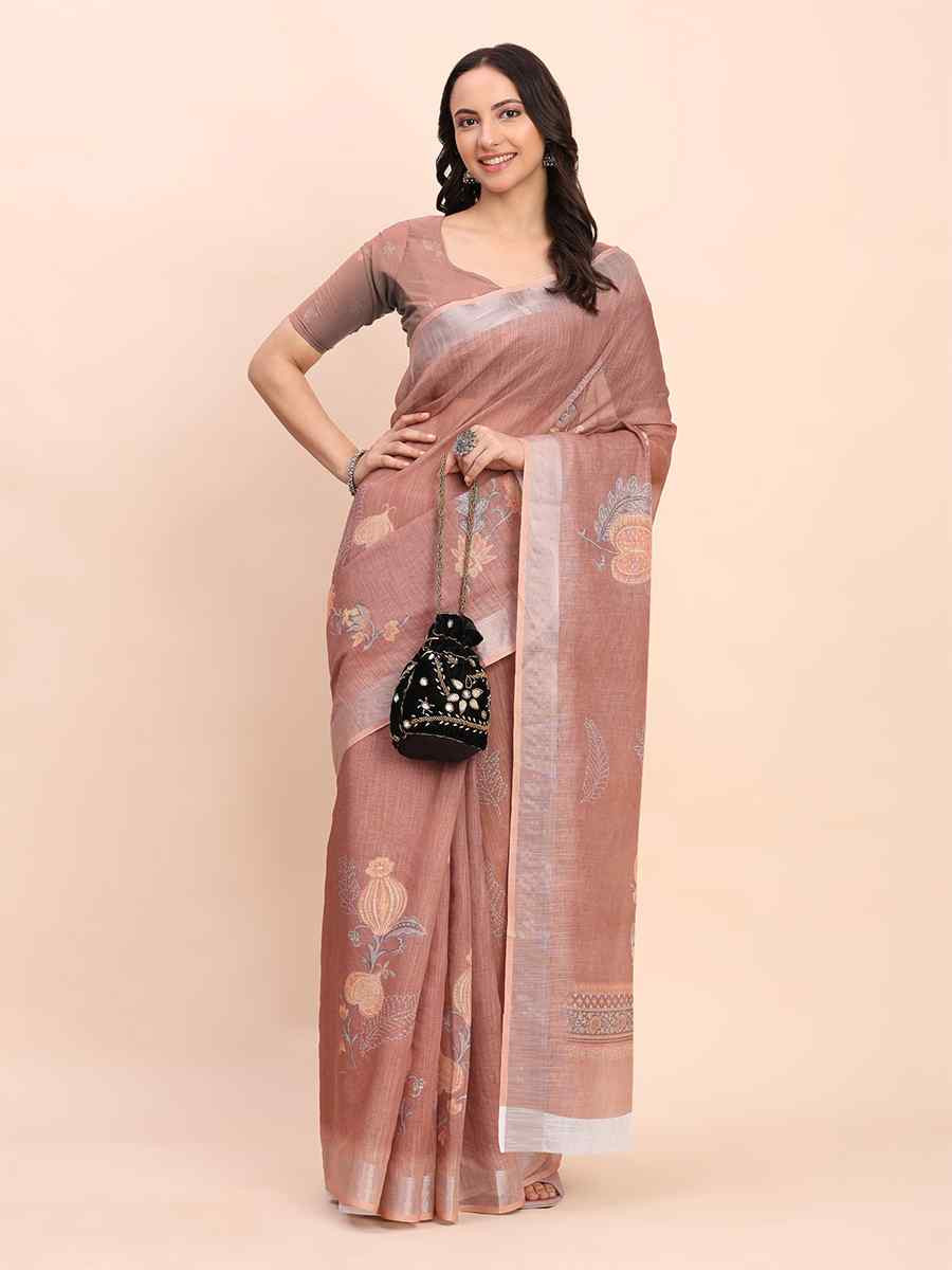 Brown Linen Cotton Printed Festival Wedding Fancy Heavy Border Saree