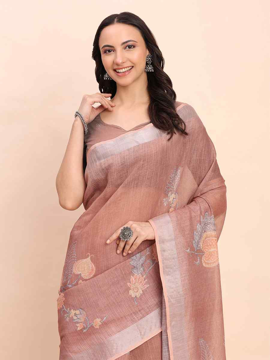 Brown Linen Cotton Printed Festival Wedding Fancy Heavy Border Saree