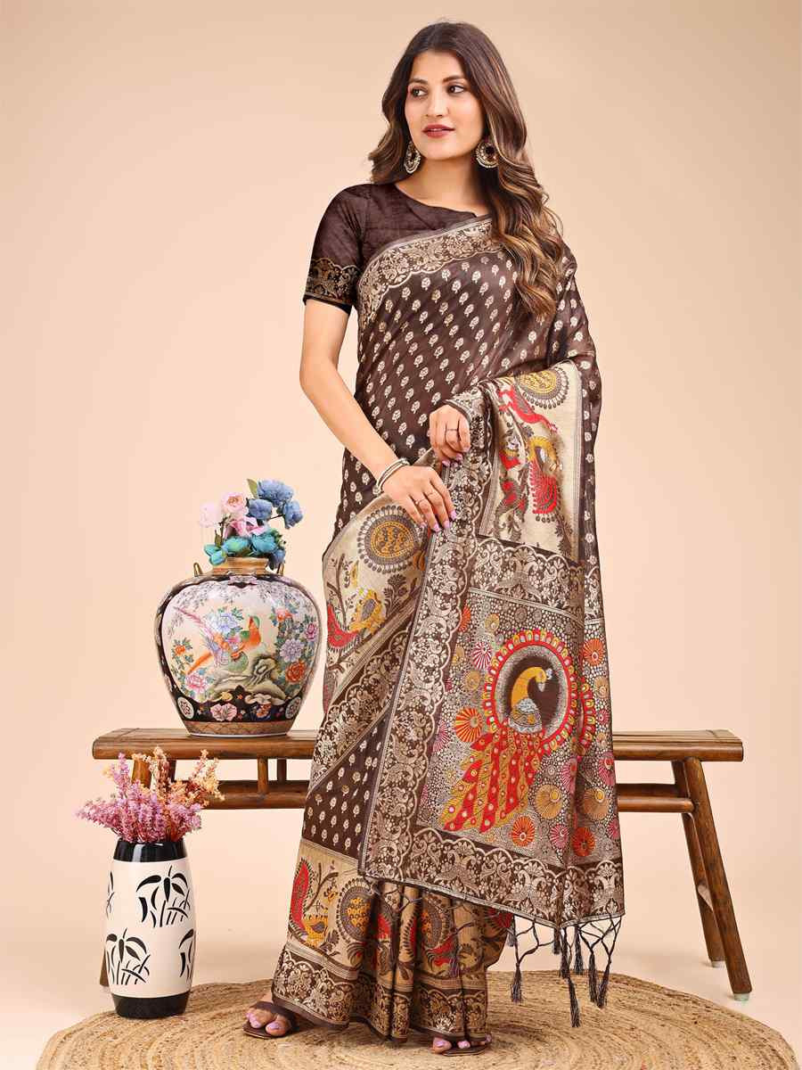 Brown Linen Cotton Printed Festival Wedding Fancy Heavy Border Saree