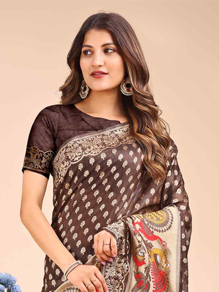 Brown Linen Cotton Printed Festival Wedding Fancy Heavy Border Saree