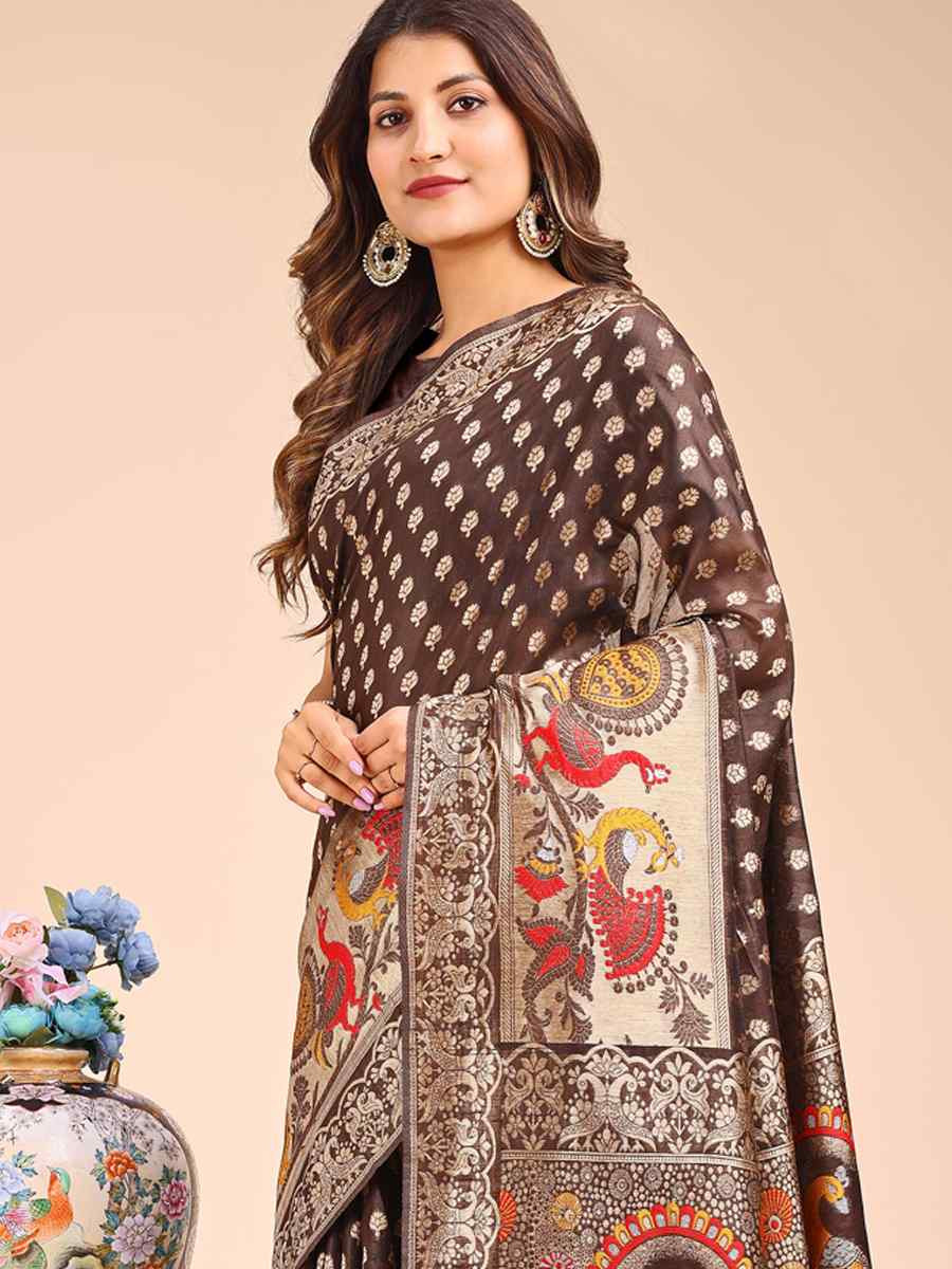 Brown Linen Cotton Printed Festival Wedding Fancy Heavy Border Saree