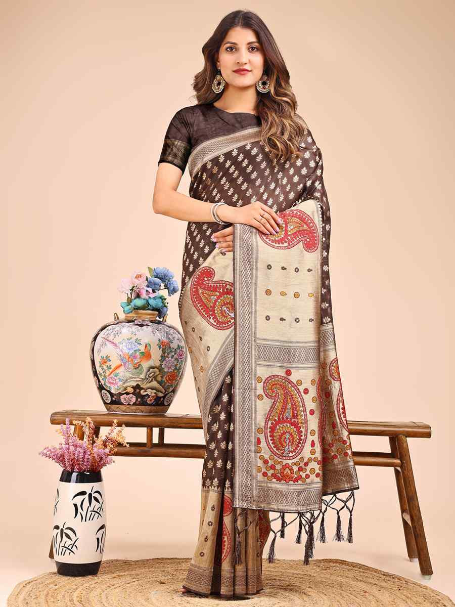 Brown Linen Cotton Printed Festival Wedding Fancy Heavy Border Saree