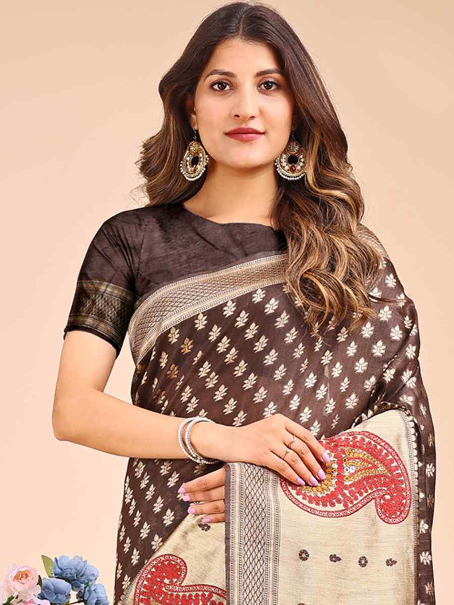 Brown Linen Cotton Printed Festival Wedding Fancy Heavy Border Saree