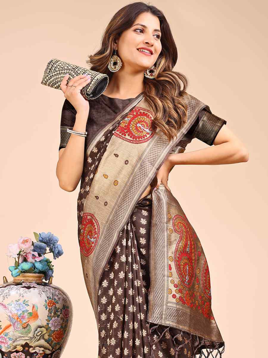 Brown Linen Cotton Printed Festival Wedding Fancy Heavy Border Saree