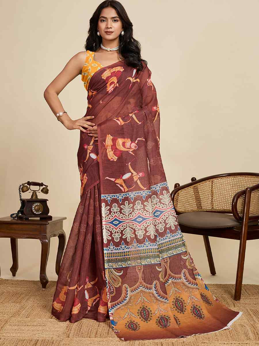 Brown Linen Printed Traditional Casual Fancy Classic Style Sarees