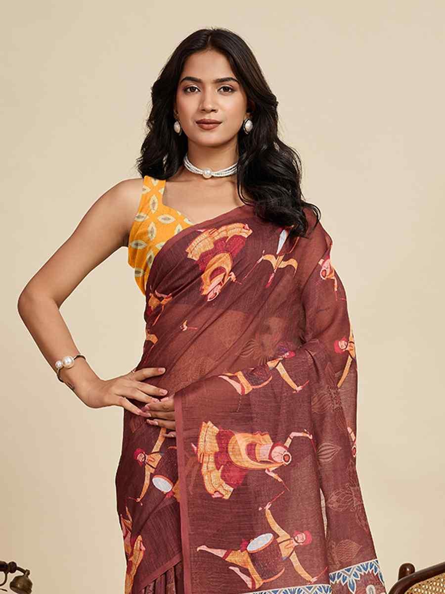 Brown Linen Printed Traditional Casual Fancy Classic Style Sarees