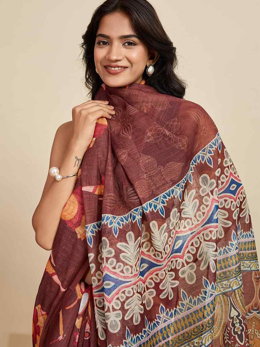 Brown Linen Printed Traditional Casual Fancy Classic Style Sarees