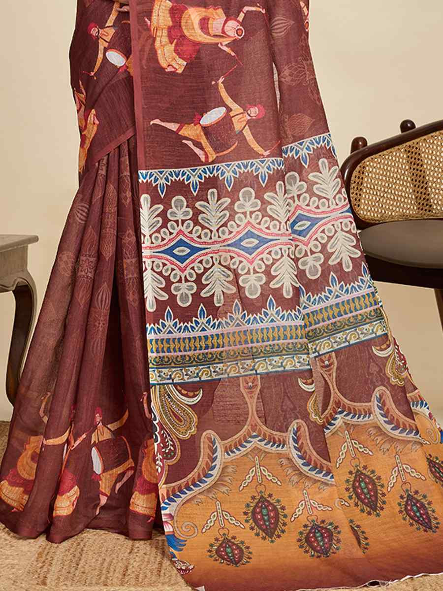 Brown Linen Printed Traditional Casual Fancy Classic Style Sarees