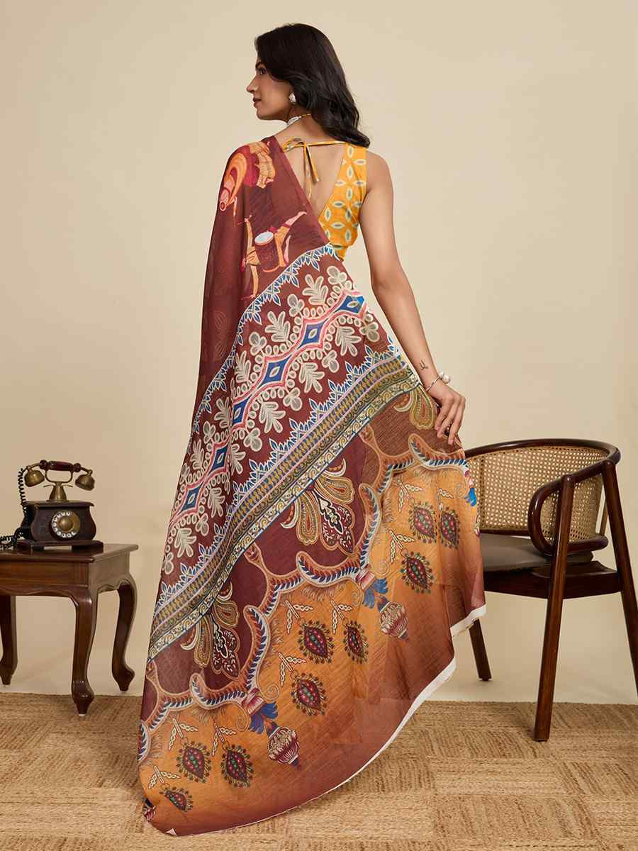 Brown Linen Printed Traditional Casual Fancy Classic Style Sarees