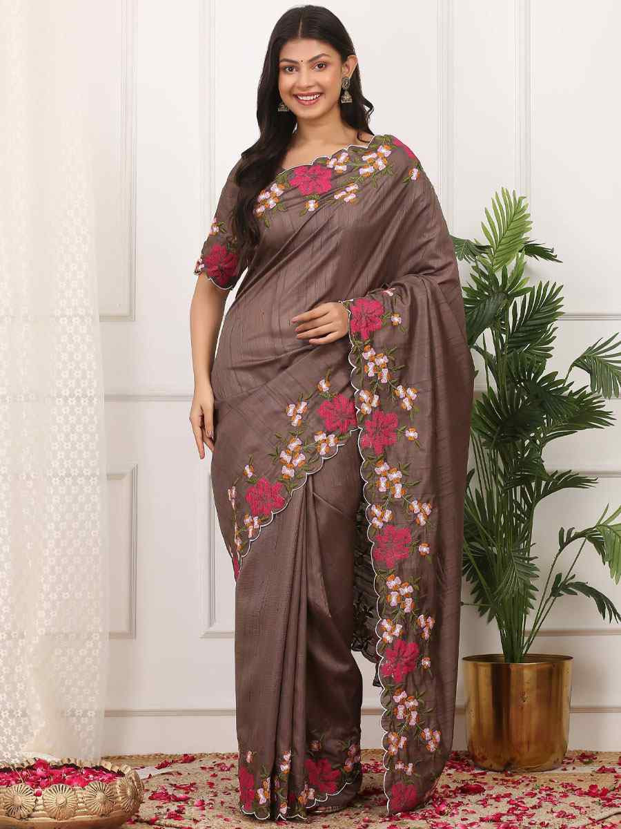 Brown Manipuri Silk Embroidery Casual Reception Festival Wedding Fancy Heavy Border Sarees