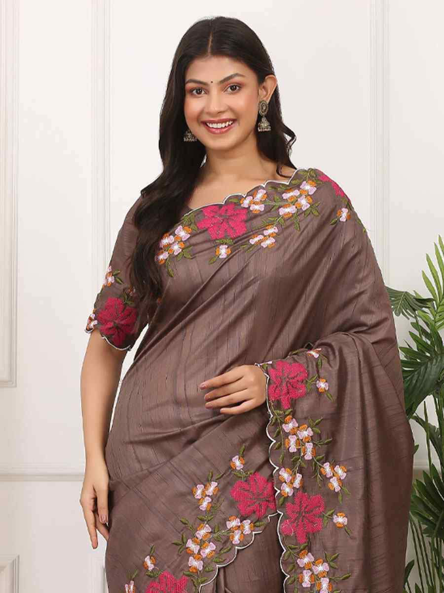 Brown Manipuri Silk Embroidery Casual Reception Festival Wedding Fancy Heavy Border Sarees