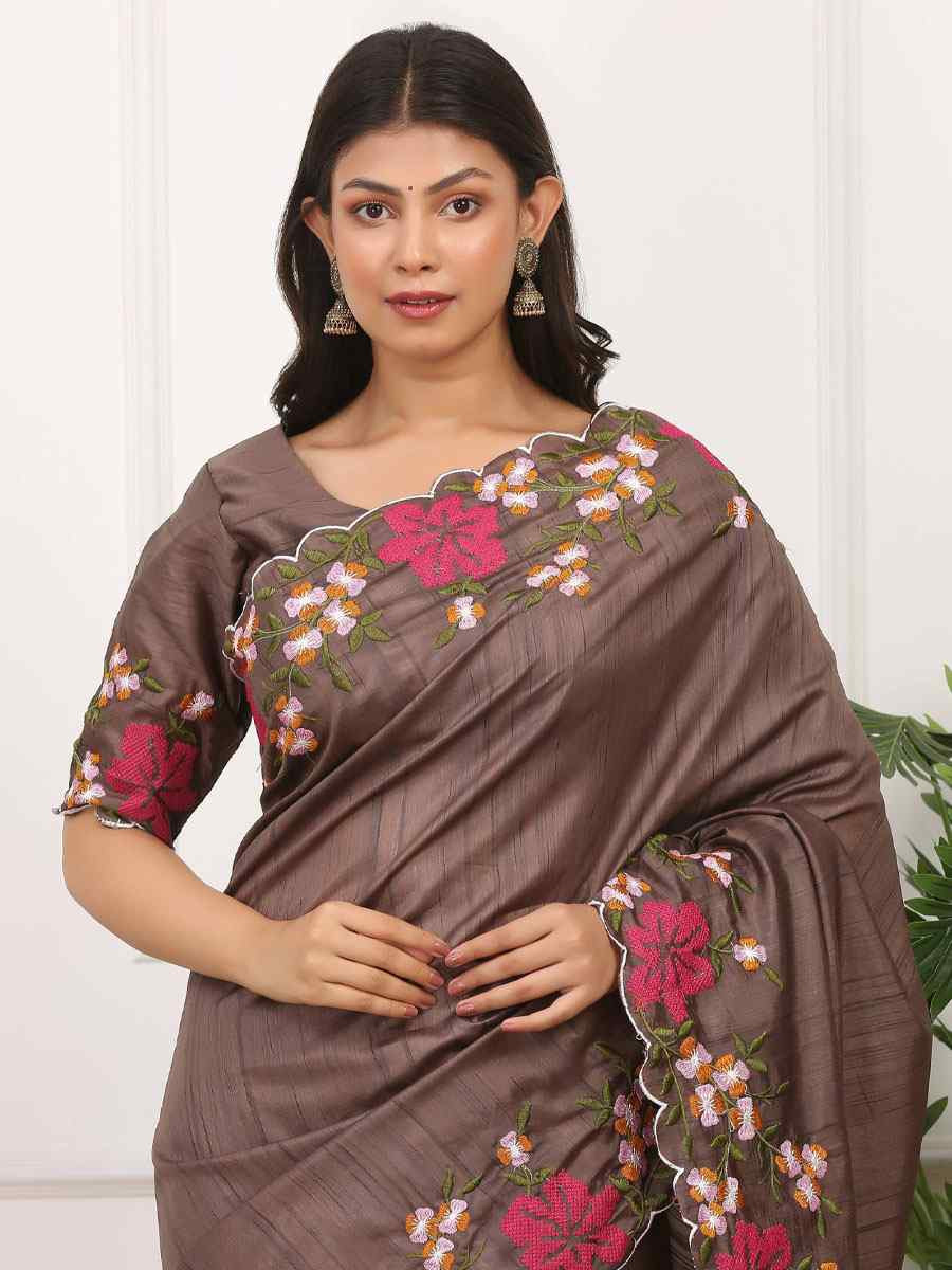 Brown Manipuri Silk Embroidery Casual Reception Festival Wedding Fancy Heavy Border Sarees