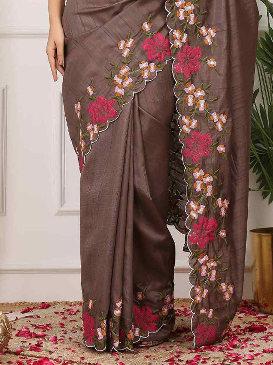 Brown Manipuri Silk Embroidery Casual Reception Festival Wedding Fancy Heavy Border Sarees