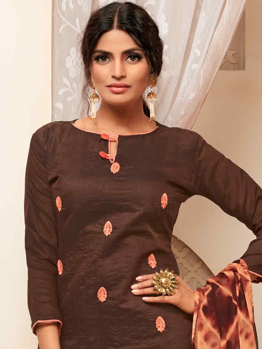 Brown Modal Silk Embroidered Casual Festival Pant Salwar Kameez