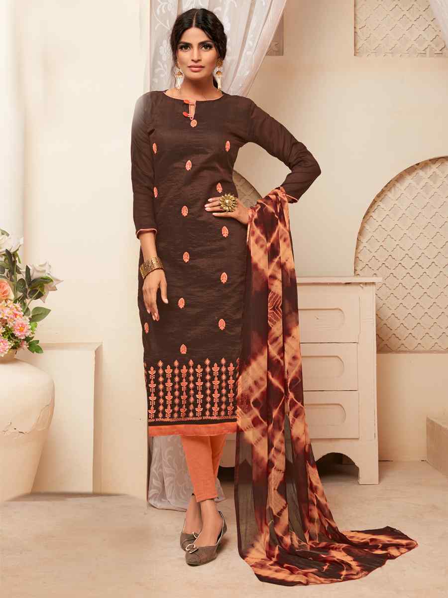 Brown Modal Silk Printed Casual Festival Churidar Salwar Kameez