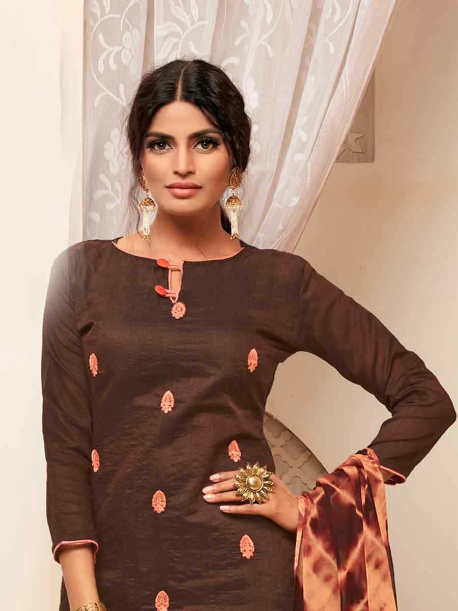 Brown Modal Silk Printed Casual Festival Churidar Salwar Kameez