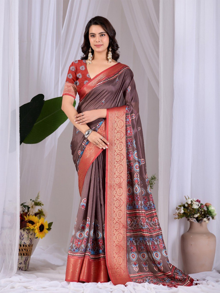 Image of Brown Monsoon Georgette Silk Printed Wedding Reception Party Festival Casual Heavy Border Sarees
