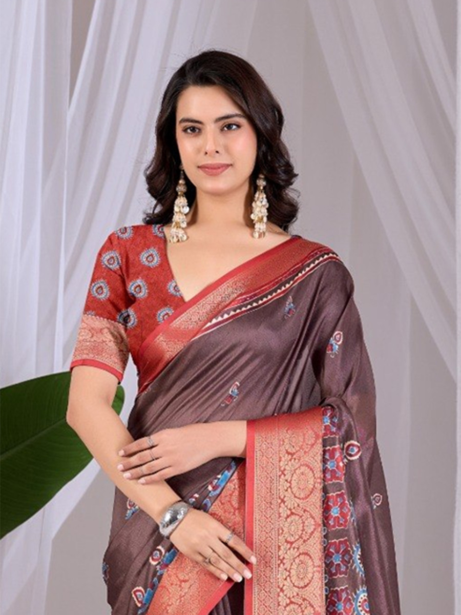 Brown Monsoon Georgette Silk Printed Wedding Reception Party Festival Casual Heavy Border Sarees