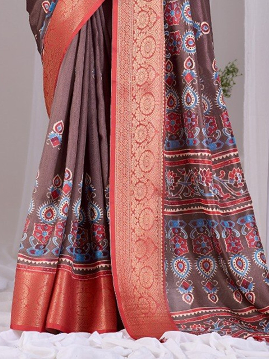 Brown Monsoon Georgette Silk Printed Wedding Reception Party Festival Casual Heavy Border Sarees