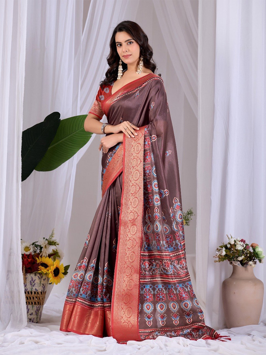 Brown Monsoon Georgette Silk Printed Wedding Reception Party Festival Casual Heavy Border Sarees