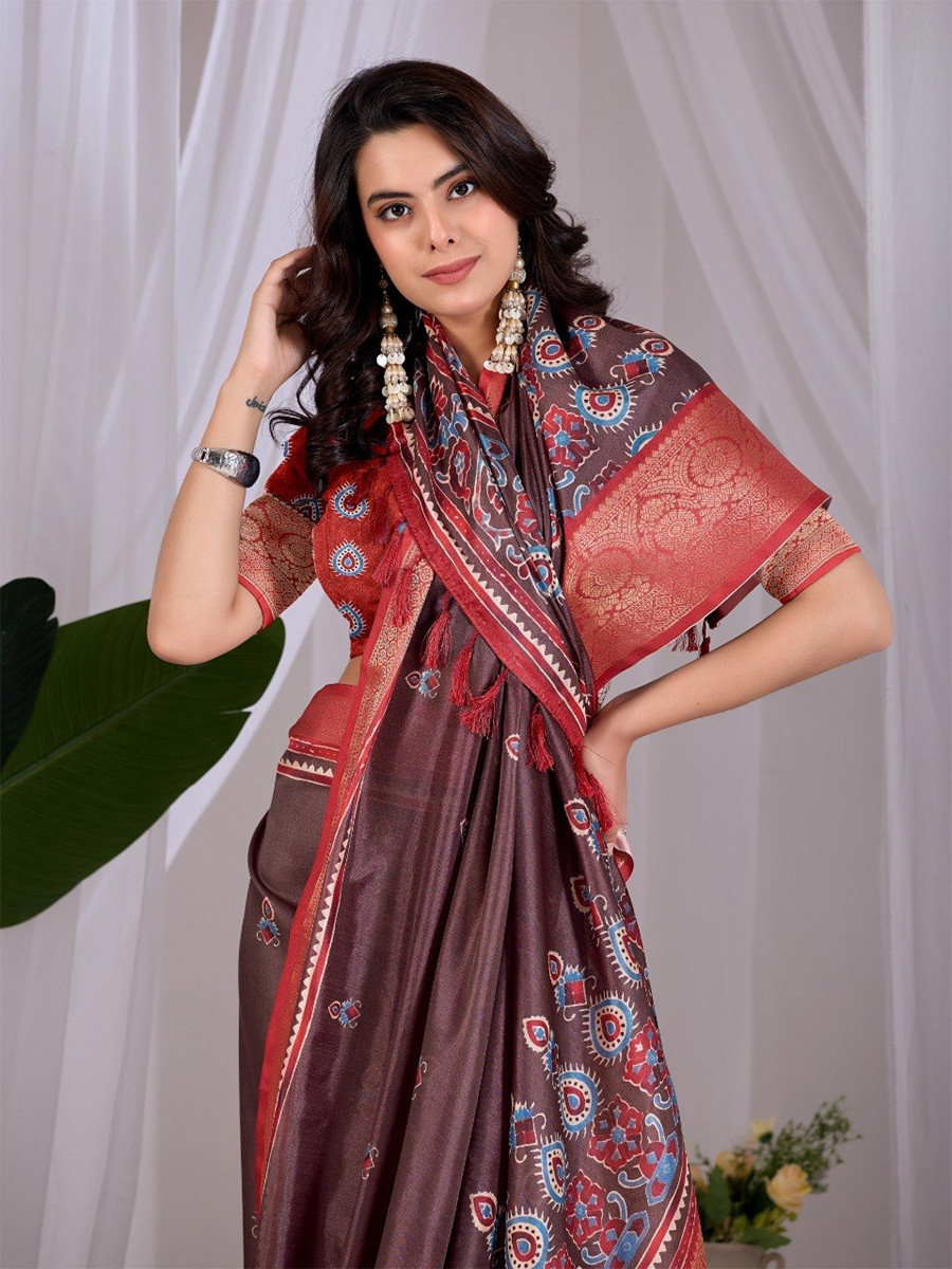Brown Monsoon Georgette Silk Printed Wedding Reception Party Festival Casual Heavy Border Sarees
