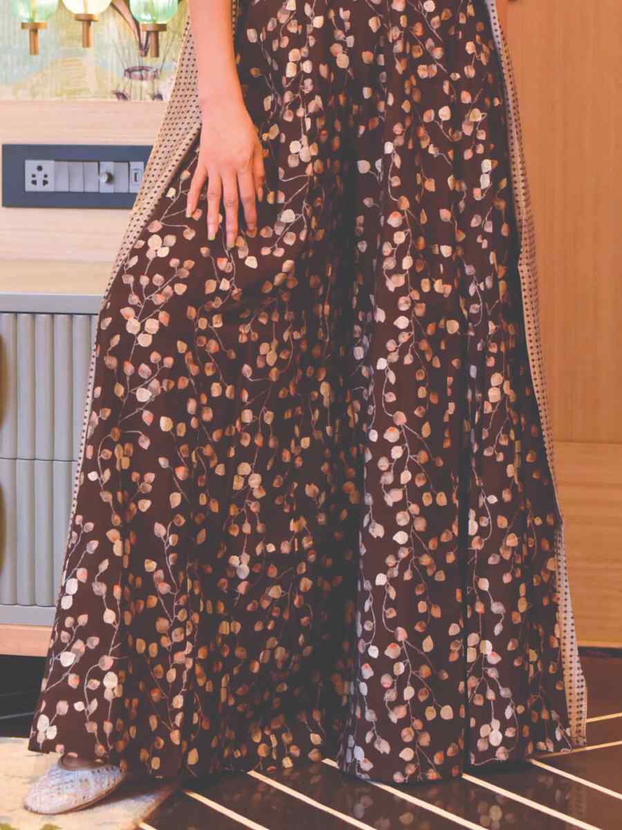 Brown Muslin Embroidered Festival Casual Ready Palazzo Pant Salwar Kameez