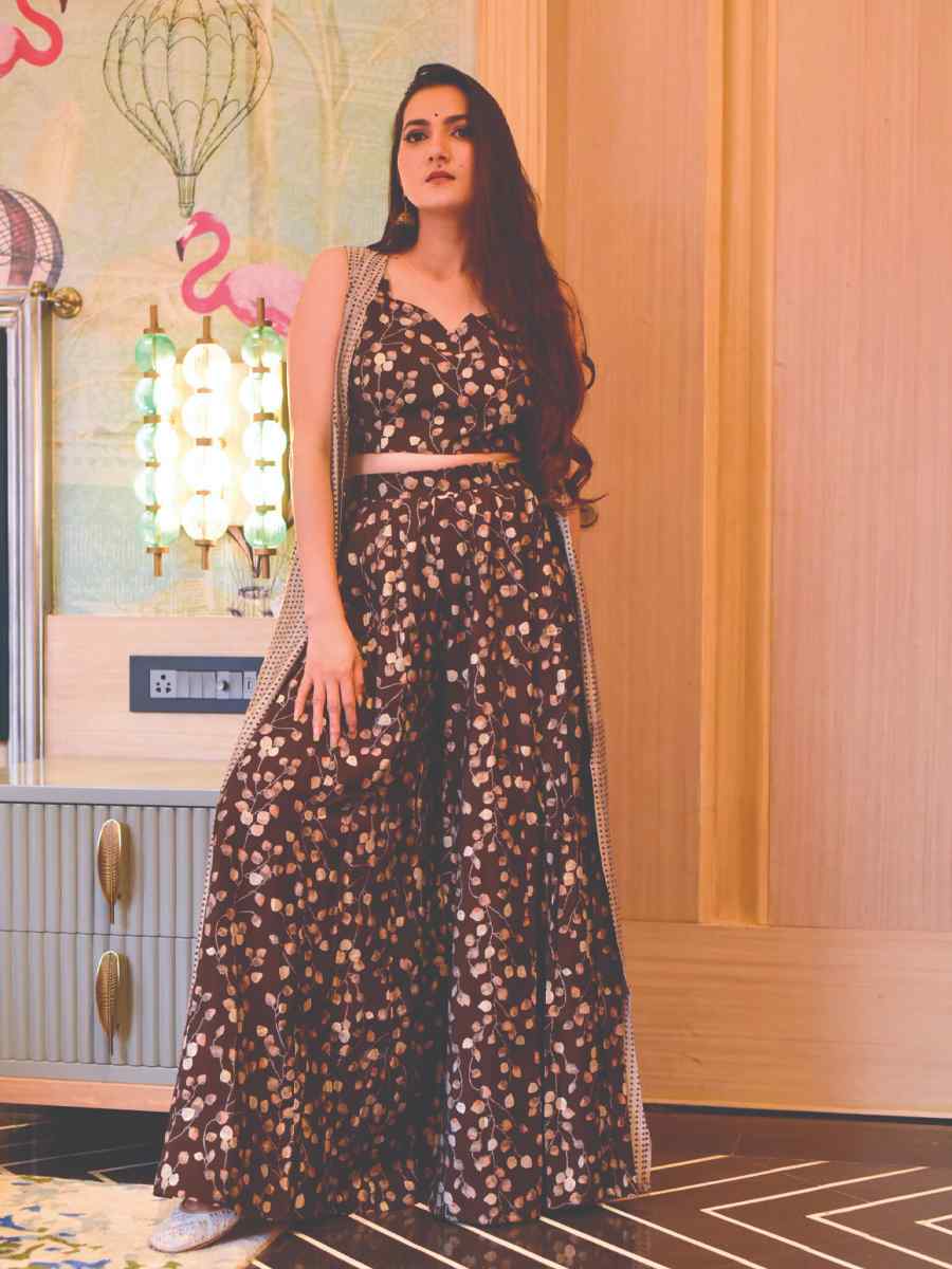 Brown Muslin Embroidered Festival Casual Ready Palazzo Pant Salwar Kameez